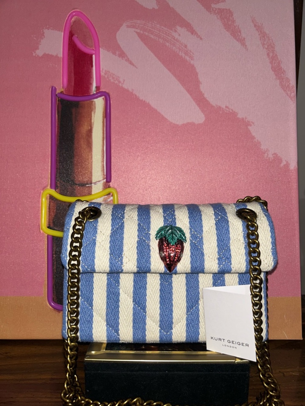 Kurt Geiger Blue and White Stripe Crossbody with Strawberry Accent
